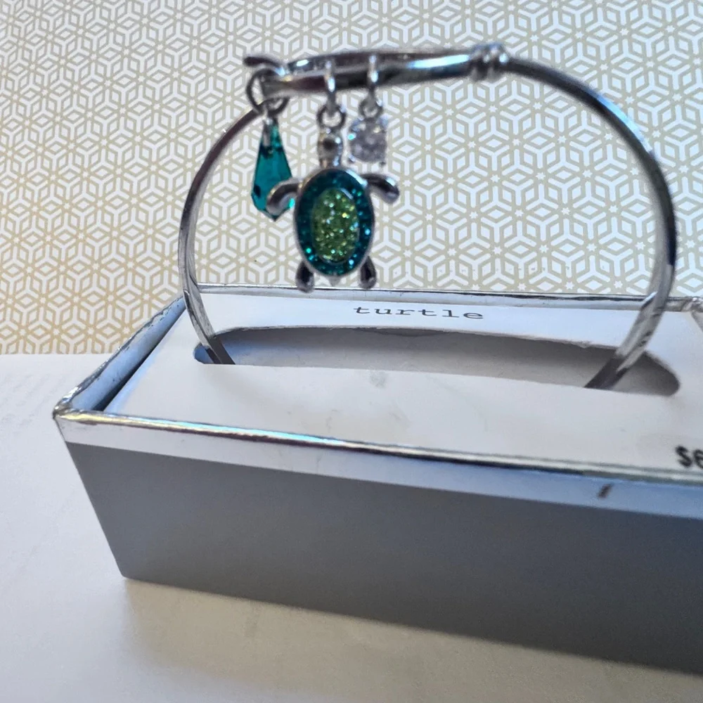 NWT NIB Silver Bracelet Crystal TURTLE Charm, Green/blue tear drop & CZ Orig $60 - Picture 8 of 15
